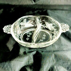 Vintage Fostoria 2 Part Divided Glass Condiment Serving Dish Floral Design
